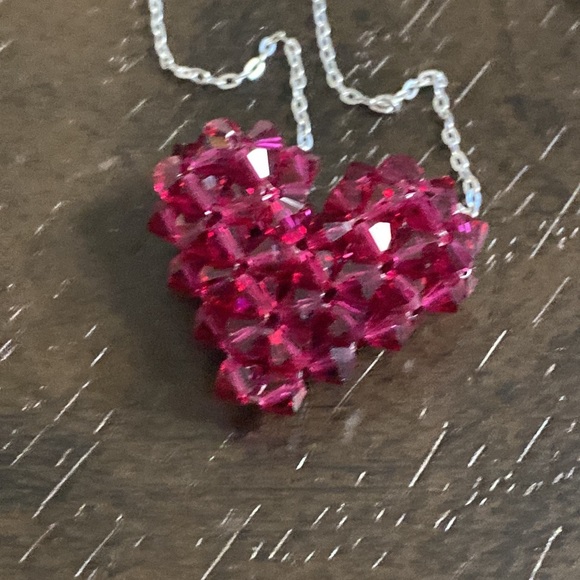 Red Glass Beaded Heart Sterling Silver Necklace - Picture 6 of 7